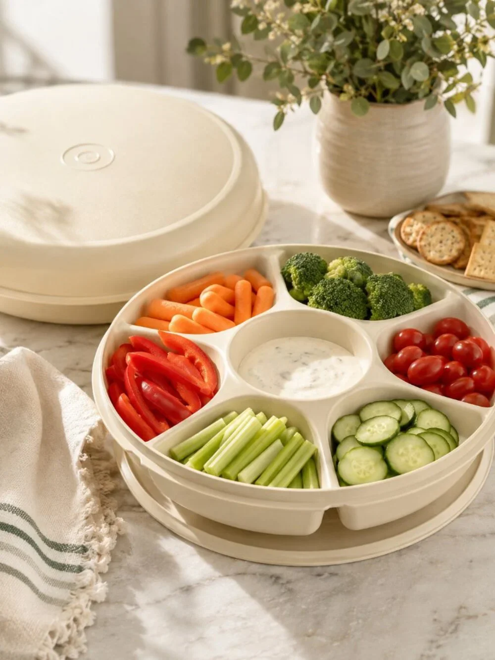 Vintage Tupperware Serving Center 1665 Almond Divided Party Tray with Lid